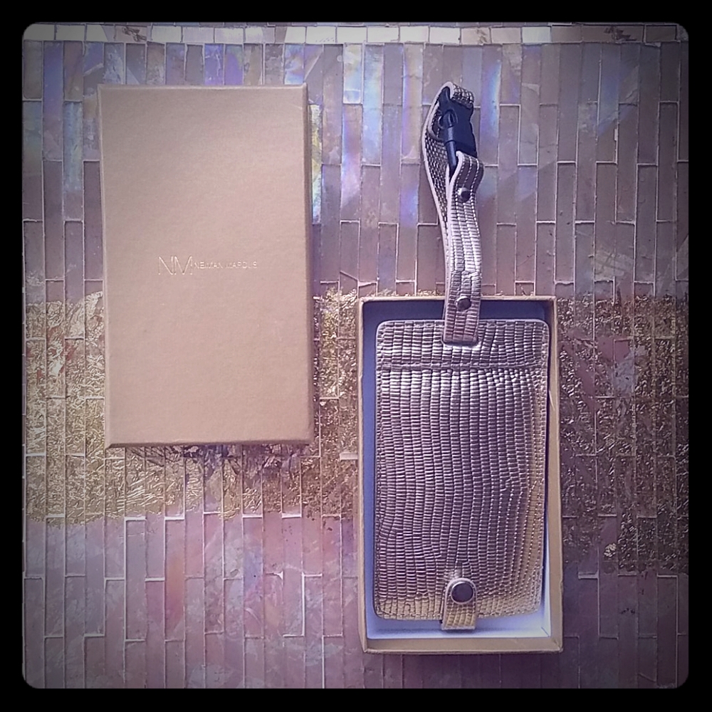 Boxed Neiman Marcus vegan leather gold luggage tag